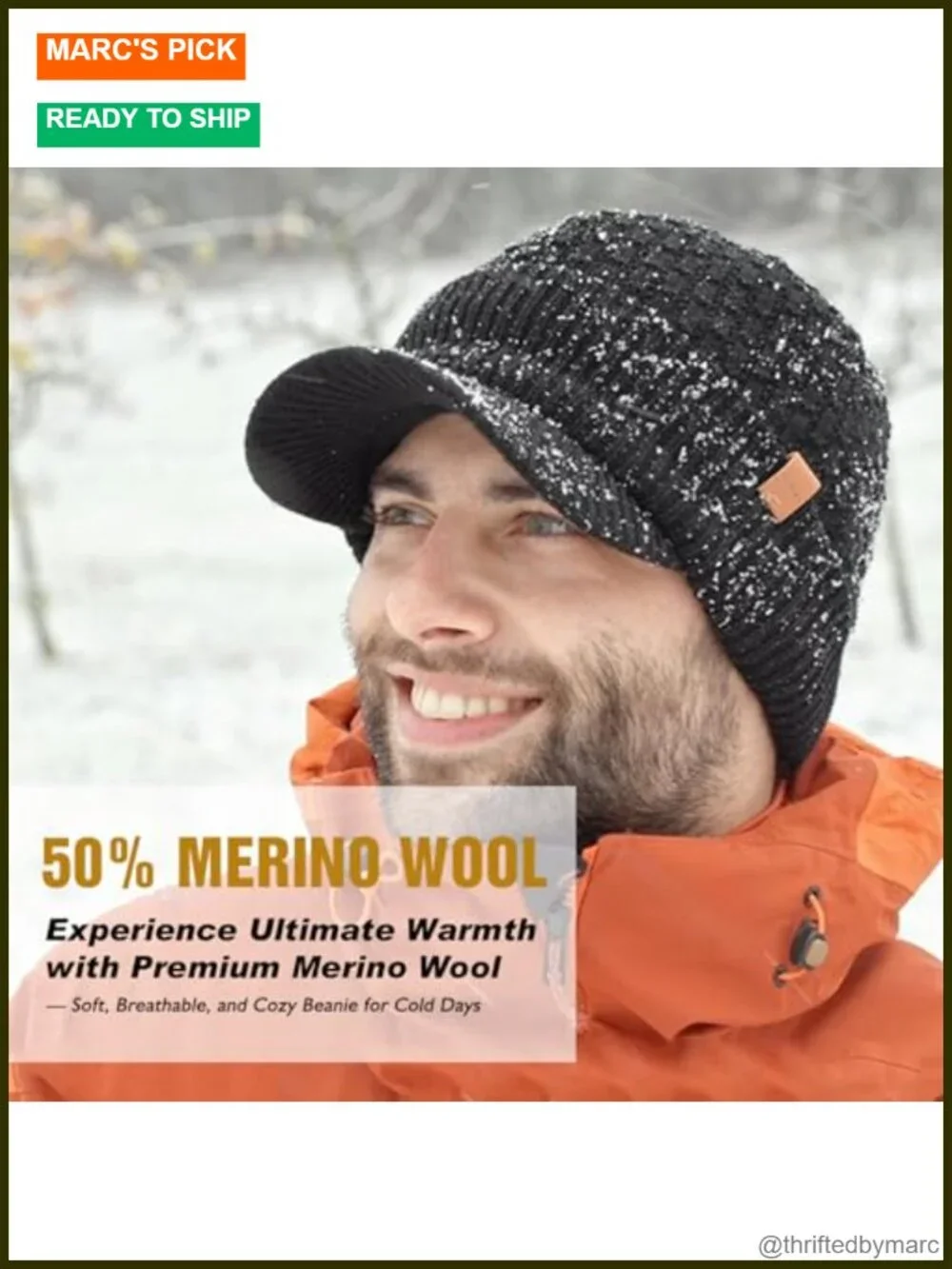 Merino Wool Waterproof Brim Beanie with Earflaps Polartec Lined for Skiing